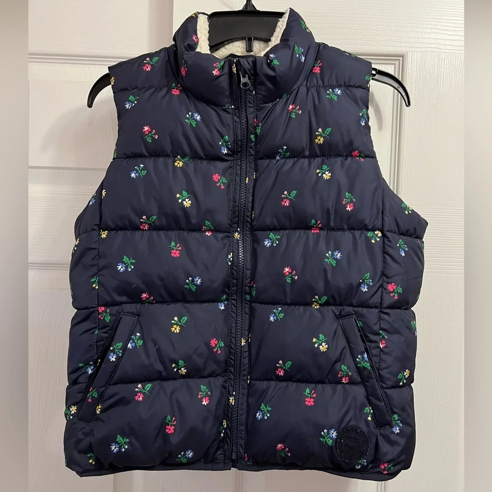 Gap Kids Navy Floral Puffer Sherpa Lined Girls Vest